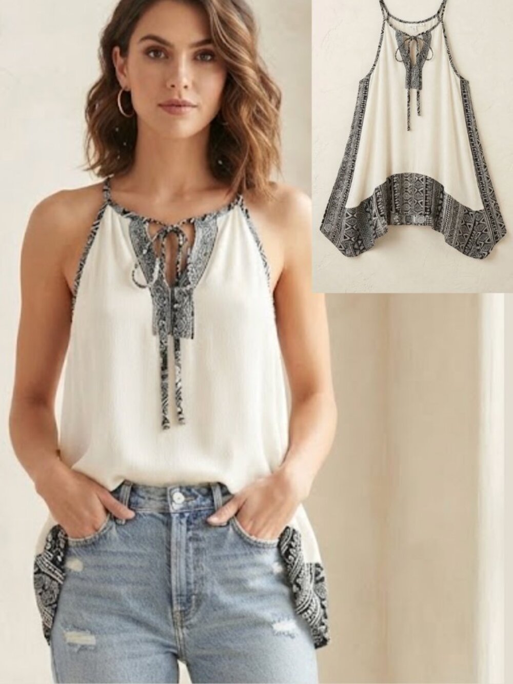 Monteau Los Angeles Women's Small Boho Halter Top Black White Tribal Print Rayon